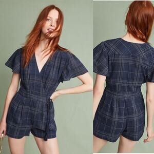 Anthropologie Kate Wrap‎ Front Navy Plaid Romper by Greylin SZ XS NWT